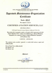 CAS is Awarded the Maintenance Approval Certificate From the Civil Aviation Authority of the Philippines